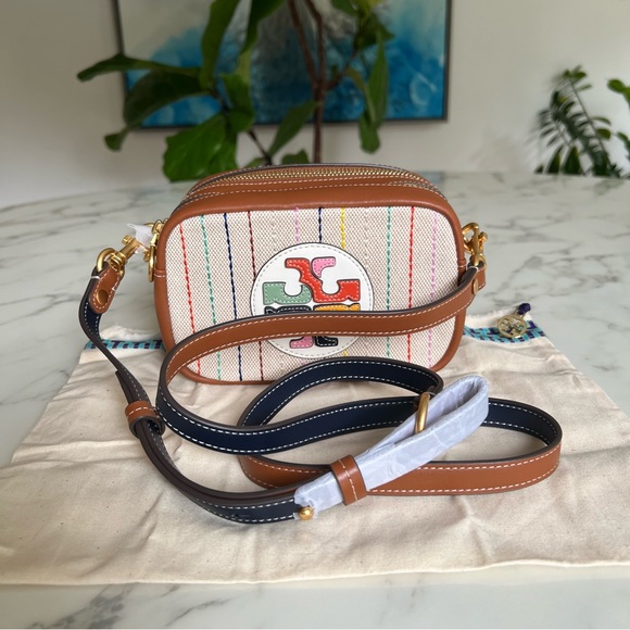 NWOT Tory Burch Perry Bombe Canvas Colorblock Mini Bag Multi Striped Leather - Picture 10 of 12